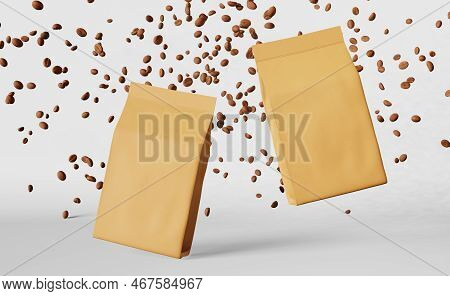 Brown Paper Pouch Bags Falling Coffee Beans Podium 3D Rendering. Merchandise Discount Packaging Shop