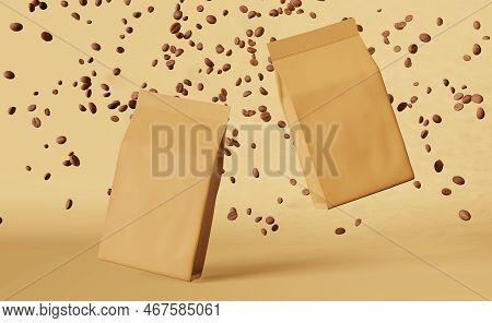 Brown Paper Pouch Bags Falling Coffee Beans Podium 3D Rendering. Merchandise Discount Packaging Shop