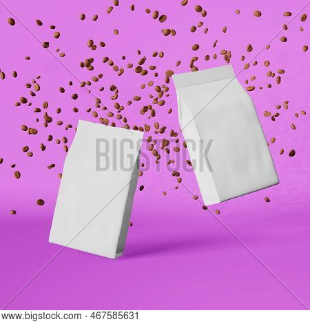 White Matte Pouch Bags Falling Coffee Beans Podium 3D Rendering. Merchandise Discount Packaging Shop