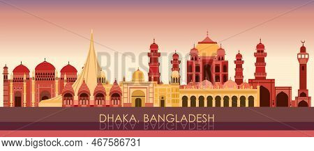 Sunset Skyline Panorama Of City Of Dhaka, Bangladesh - Vector Illustration