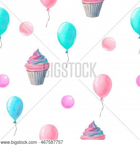 Vector Seemless Pattern With Watercolor Birthday Cupcake And Balloon In Pastel Colors