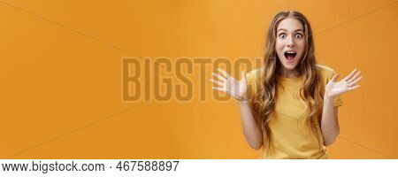 Impressed Excited Girl Describing Feelings Sharing Positive Impression Gesturing With Palms During T