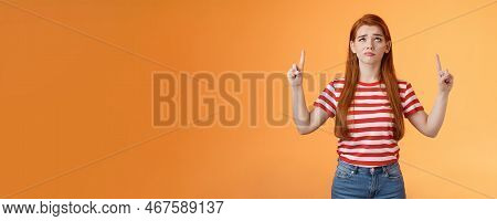 Hesitant Upset Cute Redhead Woman Weighing Choices Look Doubtful Uncertain, Frowning Thoughtful, Pon