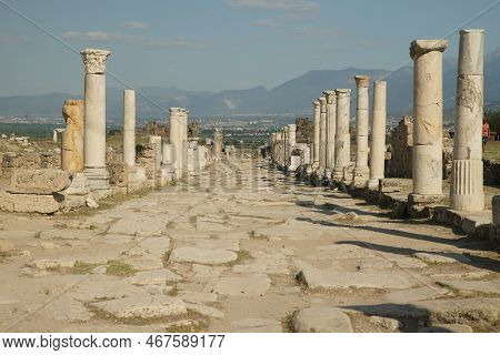 Colonnaded Street In Laodicea On The Lycus Ancient City In Denizli City, Turkiye