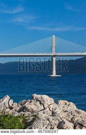 Beautiful Modern Bridge Over The Sea To The Island Of Peljesac In Croatia - Europe. Against The Back