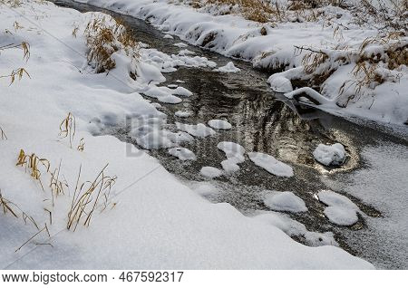 Willoway Brook Flows Through A Winter Environment After A Fresh Snow, Dupage County, Illinois