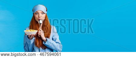 Mmm Delicious. Cute Pretty Foxy Teenager College Girl Licking Spoon Eating Tasty Cereals, Holding Pl