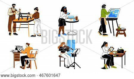 Set Of People Enjoying Their Hobbies. Men And Women Carpenters, Confectioners, Artists, Musicians, W