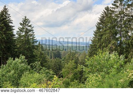 Panorama View Of Eifel Mountains With Trees Seen From Hill Heiligenstein Near Gerolstein, Germany