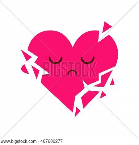 Sad Heart Cartoon Character Breaking Flat Vector Illustration. Unhappy Comic Heart With Face, Heartb