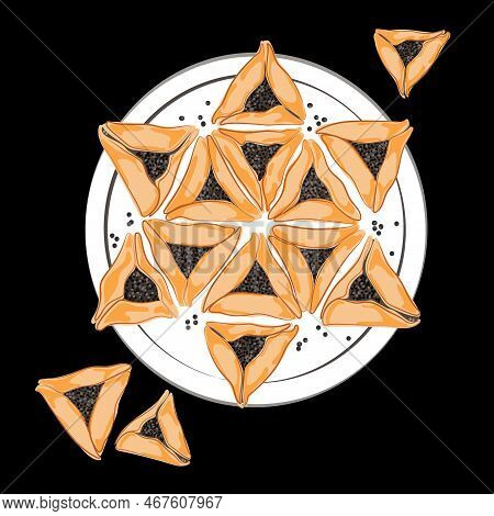 Traditional Jewish Pastry For Purim Holiday. Hamantaschen Jewish Cookies In The Shape Star Of David 
