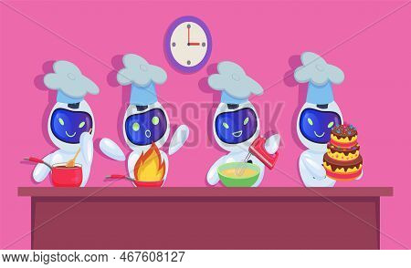 Comic Robots In Chef Hats Cooking Meal Vector Illustration. Cartoon Drawing Of Cyborg Characters Bak