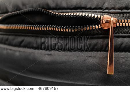 Close-up Shot Of A Fragment Of A Zipper Lock. Open Zipper Lock. Zipper Lock.