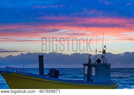 Fishing Boats On The Beach Of The Polish Baltic Coast Near Rewal. Sunset