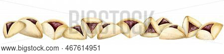 Purim Horizontal Banner With Haman Ears, Watercolor Hamantaschen Cookies On White Isolated Backgroun