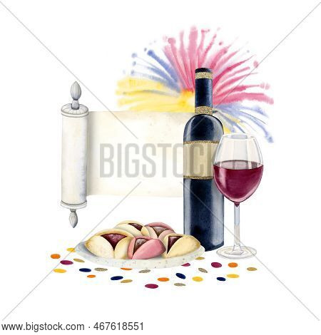 Purim Symbols Greeting Card Template With Fireworks, Jewish Cookies, Megilat Esther Scroll, Confetti