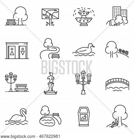 City Park Icons Set. The Open Plot Of Land For Recreation, Thin Line Design. Isolated Symbols Collec