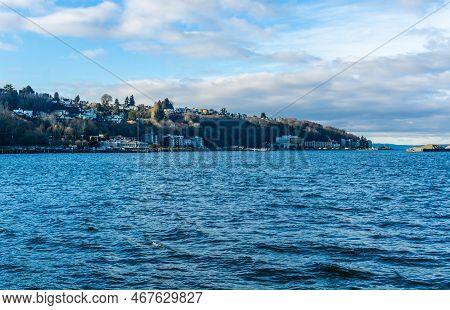 Buildings At Alki Beach In West Seattle, Washington.