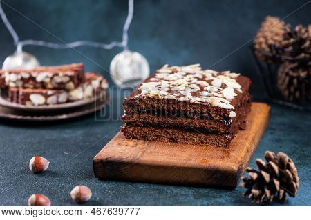 Traditional Polish Dessert Piernik, Pryanik Or Sponge Cake With And Honey. Rectangular Piece Of Brow