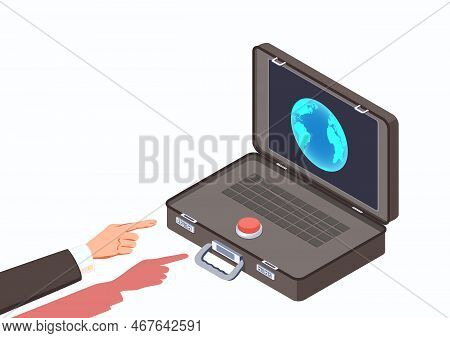 Hand Of Commander In Chief Or Politician Before Press The Red Button Nuclear Briefcase.