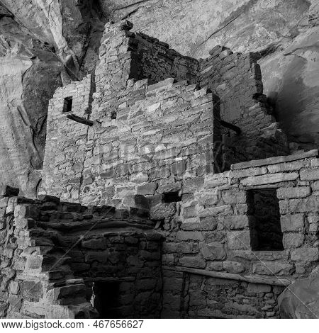 Black And White Of Walls In Square Tower House In Mesa Verde National Park