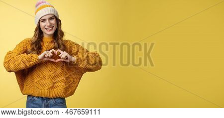 Girl Brings Peace Love Show Heart Gesture Tilting Head Friendly Smiling Expressing Sympathy Passion 