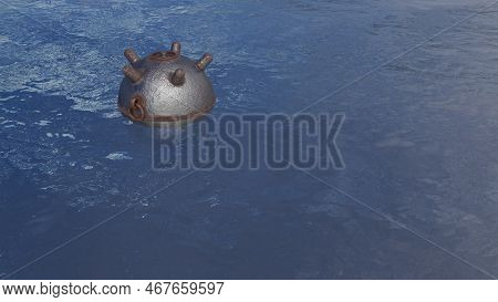 3d Render - An Old Rusty Naval Mine Floats In The Water.