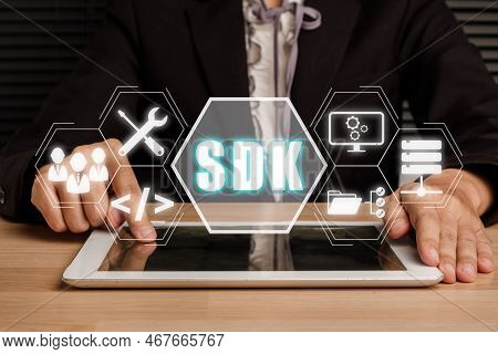 Sdk - Software Development Kit Programming Language Technology Concept, Person Using Digital Tablet 