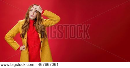 Girl Having Feaver Touching Forehead With Palm Looking Displeased And Bothered Left As Thinking She 