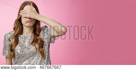 Intense Whining Sad Girl Cover Eyes Palm Pursing Lips Unwilling See Awkward Disappointing Scene, Sta
