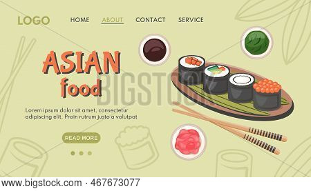 Asian Food Banner. Traditional Japanese Dish With Kawaii Nigiri Sushi, Chopsticks, Sauce, Vassabi.  