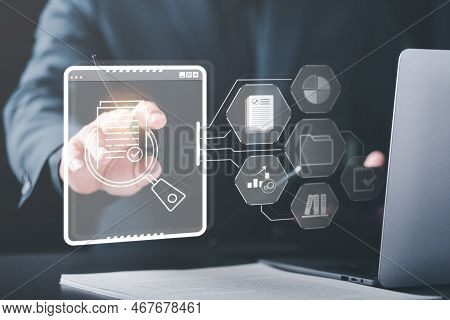 Businessman Audit Documents, Quality Assessment Management With A Checklist, Business Document Evalu