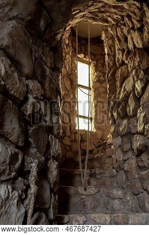 Hararit, Israel, October 28, 2022 : A Spiral Stone Staircase Leading To The Bell Tower Of The Cave C
