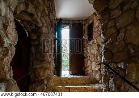 Hararit, Israel, October 28, 2022 : The Outer Door Of The Cave Church - Lavra Netofa Monastery, Near