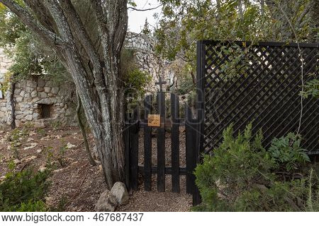 Hararit, Israel, October 28, 2022 : Wooden Fence Around The Cave Church - Lavra Netofa Monastery, Ne