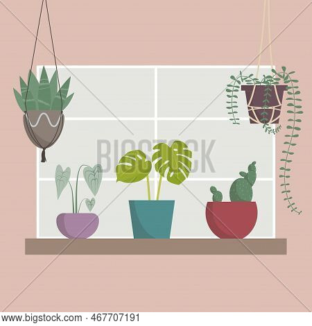 Vector Flat Window, Sill, Pots Of Flowers, Home Comfort, Illustration In Flat Style, Plants