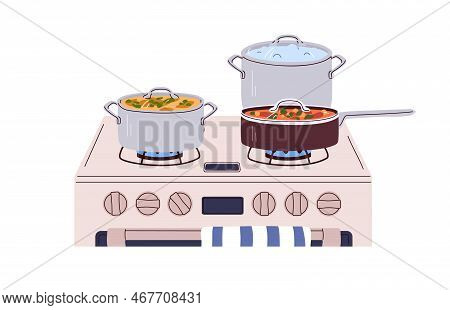 Pans, Pots On Gas Stove. Cook Stewpots, Saucepans, Skillets With Cooking Dishes, Meals On Cooker. Co