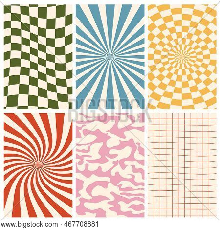 Vector Set Of Groovy Hippie 60e Backgrounds. Vector Posters Int Trendy Retro Psychedelic Style.