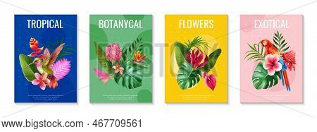 Four Realistic Exotic Flowers Poster Set With Tropical Botanical Flowers And Exotical Headlines Vect