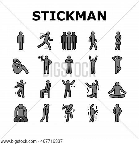 Stickman Man People Silhouette Icons Set Vector. Pictogram Human, Stick Person, Figure Posture, Body