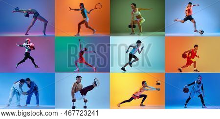Collage Made Of Portraits Of Diverse Professional Atheletes Of Different Age Doing Various Sports Is