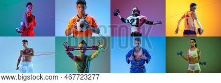 Collage Made Of Portraits Of Diverse Professional Atheletes Of Different Age Doing Various Sports Is