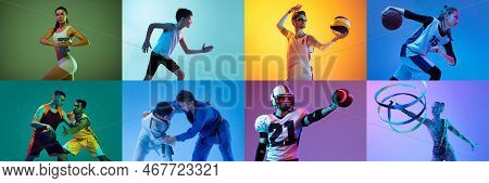 Collage Made Of Portraits Of Diverse Professional Atheletes Of Different Age Doing Various Sports Is