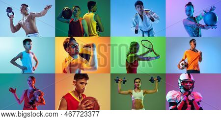 Collage Made Of Portraits Of Diverse Professional Atheletes Of Different Age Doing Various Sports Is