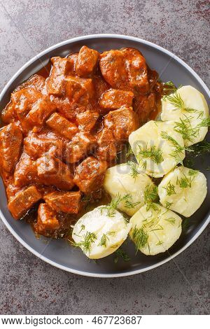 Authentic Austrian Beef Goulash Which Is Known For Its Especially Thick Gravy Closeup On The Plate O