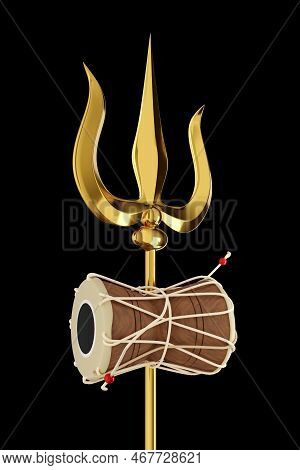 Shiva's Trishul In Gold And Wooden Damru Drum Musical Instrument On Black Background - 3d Illustrati