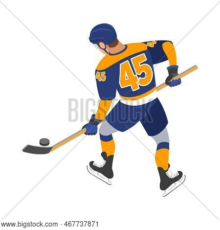 Ice Hockey Isometric Composition With Isolated Human Character In Uniform On Blank Background Vector