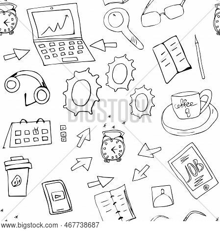Business Elements For Work Doodle Seamless Pattern. Hand Drawn Background Of Deadline And Study Or W
