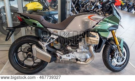 Bordeaux , Aquitaine France - 11 21 2021 : Moto Guzzi V100 Mandello New Retro Motorcycle Side View O