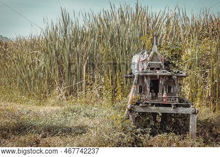 A Old Wooden Spirit House Or Joss House Built For Guardian Spirit To Reside For Protective Spirit Of